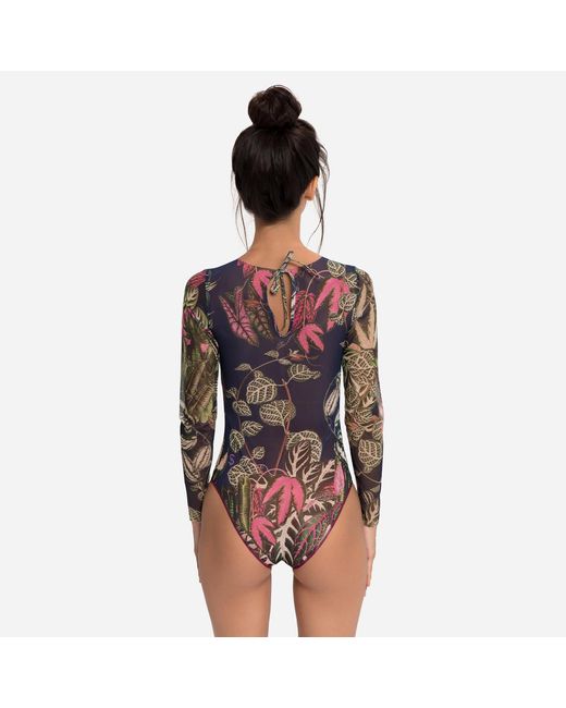 Rodasoleil Smart Swimwear Blue Tan-Through Mesh One-Piece Swimsuit With Sleeves Botanicum