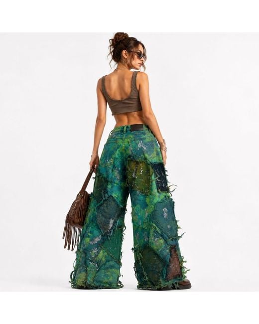 Zasta Studio Green Wearable Ruins Shredded Wide Leg Colored Denim Pants A
