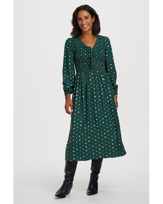 Sugarhill Green Kasia Shirred Midi Dress Dark Dots