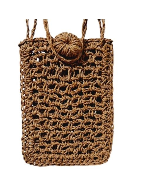 Springmoonatelier Brown Knitted Button Raffia Phone Case Bag