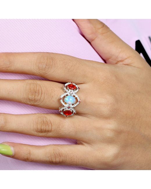 Artisan Multicolor Ethiopian & Fire Opal With Sapphire Pave Diamond In 18k White Gold Three Stone Ring