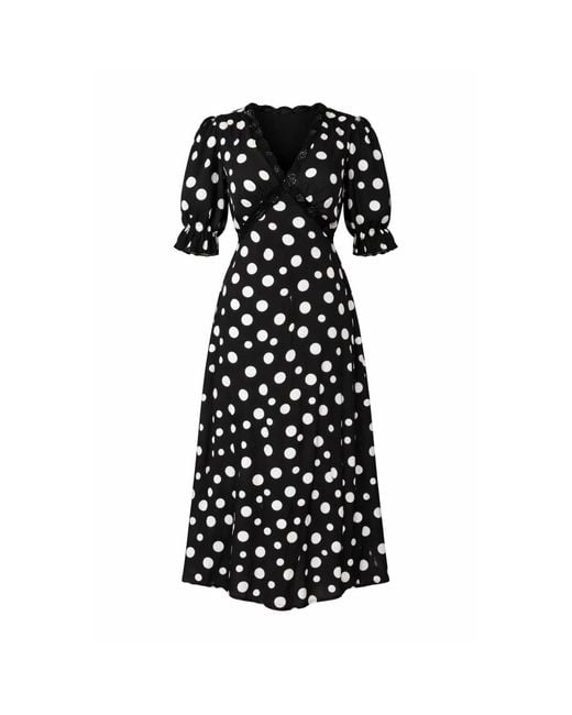 Girl In Mind Black Sharon V-Neck Puff Sleeve Polka Midi Dress