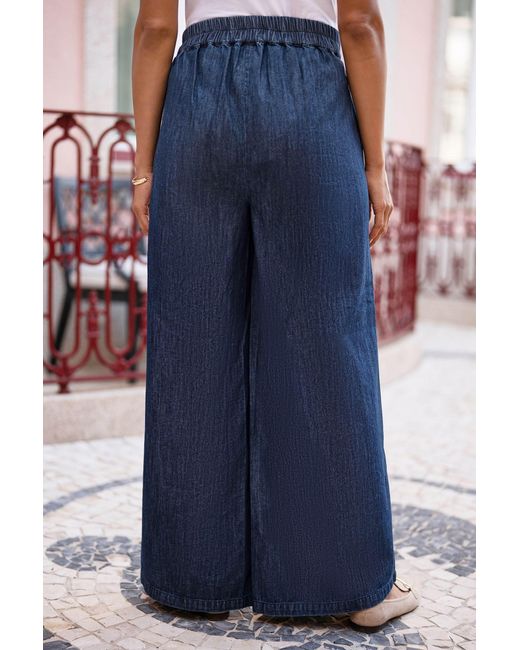Yumi' Blue Chambray Wide Leg Trousers With Button Details