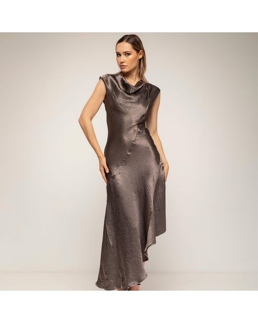 Tantra Spain Sl Brown Midi Dress With A Silk-Textured Boat Neckline And An Asymmetrical Hem
