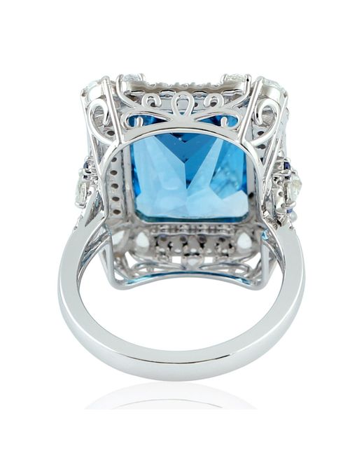 Artisan 18k White Gold Blue Sapphire Topaz Diamond Cocktail Ring Handmade Jewelry