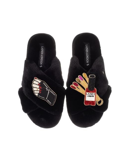 Laines London Black Classic Laines Slippers With Sand Nail Tech Brooches