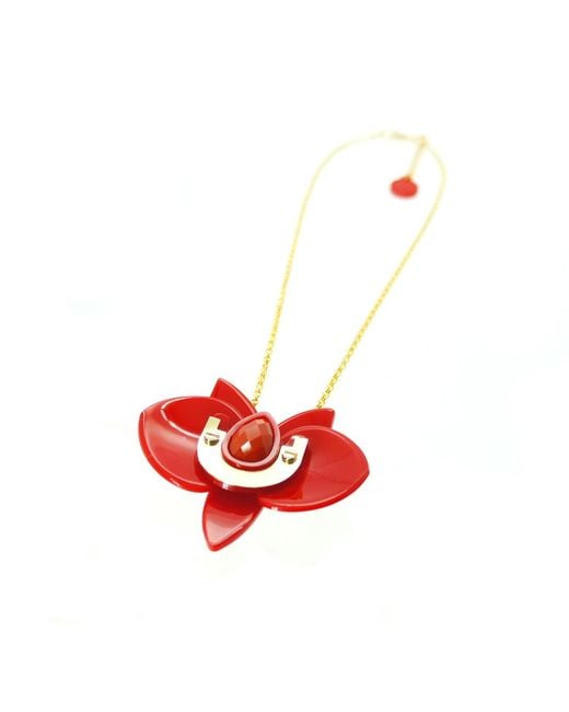 Gissa Bicalho Red Acrylic Handmade Necklace Orchid Pendant