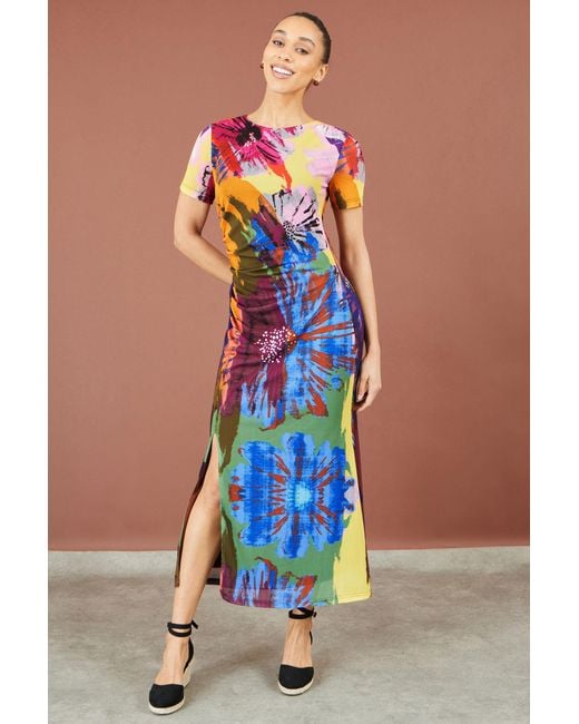 Yumi' Blue Multicolour Abstract Floral Mesh Midi Dress