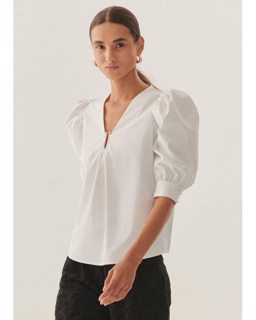 Exquise White Regular Puff Sleeve Poplin Keyhole Blouse