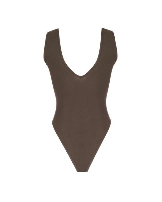 No'design Brown V-Neck Thick Strap Khaki Bodysuit