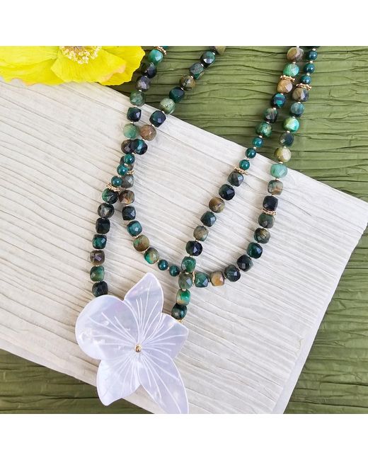 Farra Metallic Cube Tiger-Eye Stone With Giant Flower Shell Long Necklace