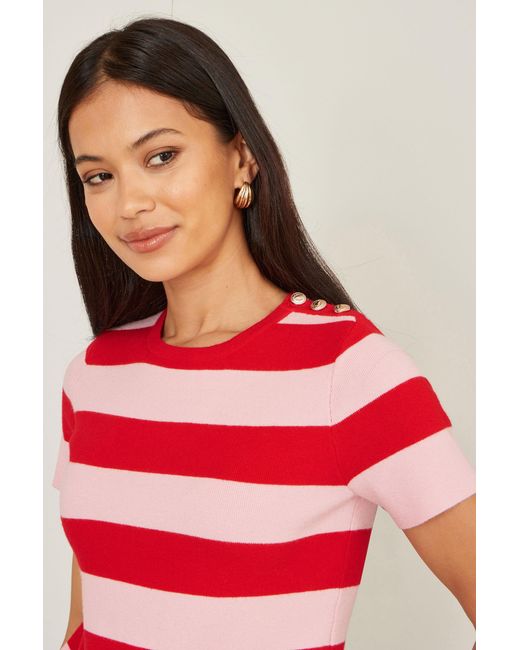 Yumi' Pink Block Stripe Knitted Top With Button Details