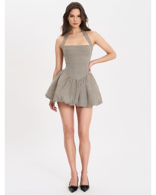 Miss Circle New York Gray Neutrals Dacia Plaid Halter Lace-Up Bubble Mini Dress