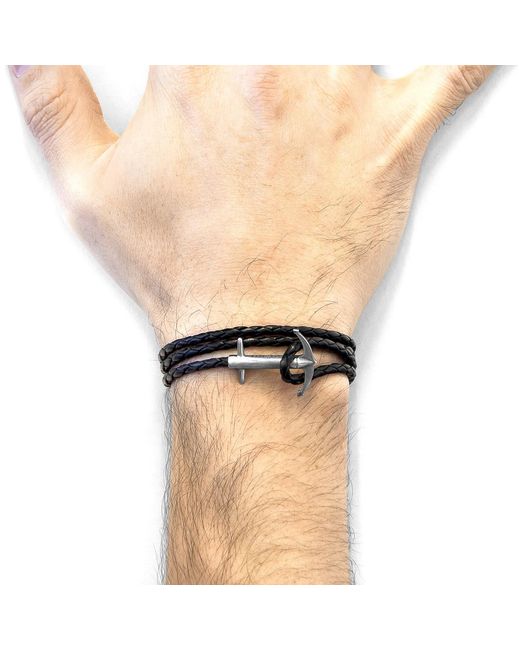 Anchor and Crew Multicolor Coal Black Admiral Anchor Silver & Braided Leather Bracelet for men