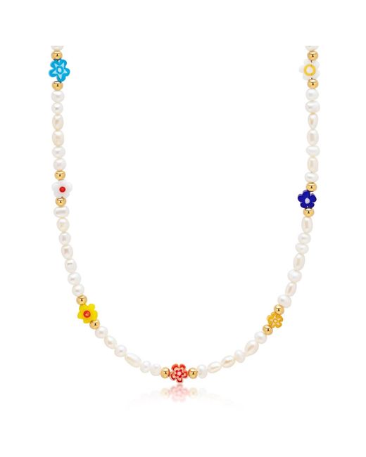 Nialaya Metallic Pearl Choker With Flower Beads