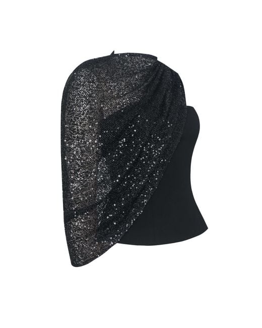 Miss Circle New York Black Quinette Peplum Top With Beaded Asymmetrical Cape