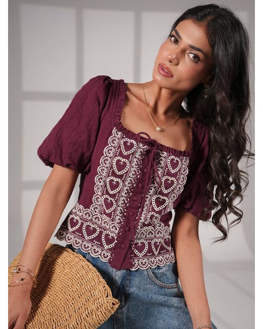 Rose & Nancy Red Harri Heart Burgundy Short Sleeve Top