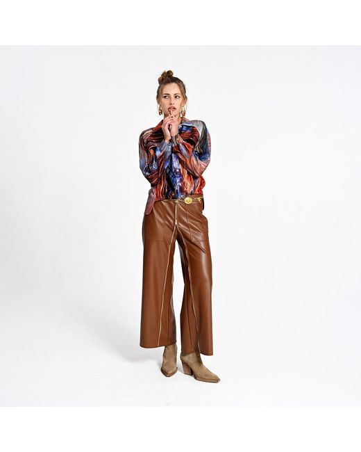 Lalipop Design Brown Wide-Leg Vegan Leather Pants With Front Zipper Detail