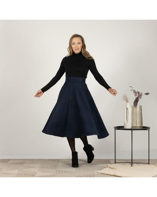 Nikka Place Blue Dark Wool Skirt Below The Knee With High Waist & Pockets