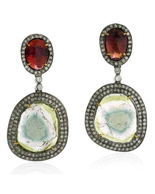 Artisan Green 18k Solid Gold & Silver With Multi Tourmaline And Pave Diamond Dangle Earrings