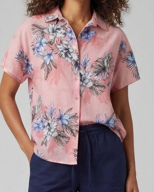 Lords of Harlech Pink Lara Exotic Floral Coral Linen Printed Shirt