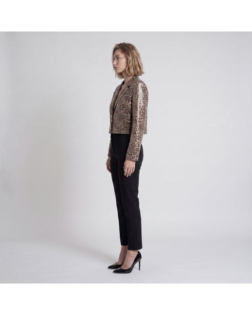 Modenaire Brown Cropped Leopard Print Sequin Blazer With Single Button Closure