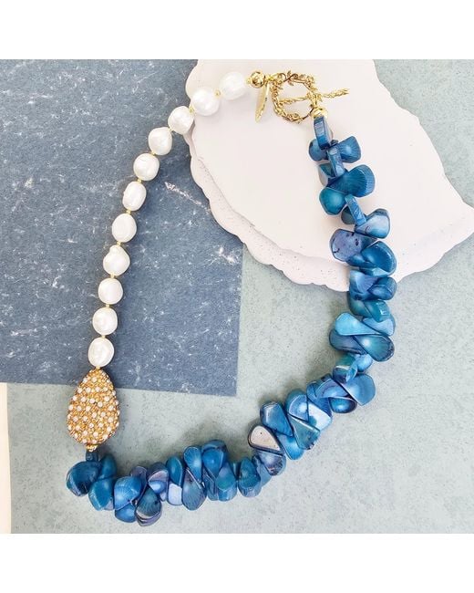 Farra Blue Freshwater Pearls & Floral Bamboo Coral Necklace