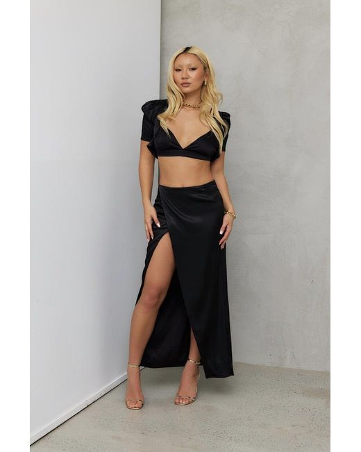 Why Mary Black Cleo Satin Long Slit Skirt