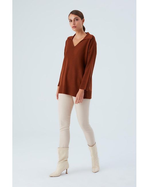 Peraluna Brown Polo V Neck Wide Sleeve Loose Fit Knit Pullover