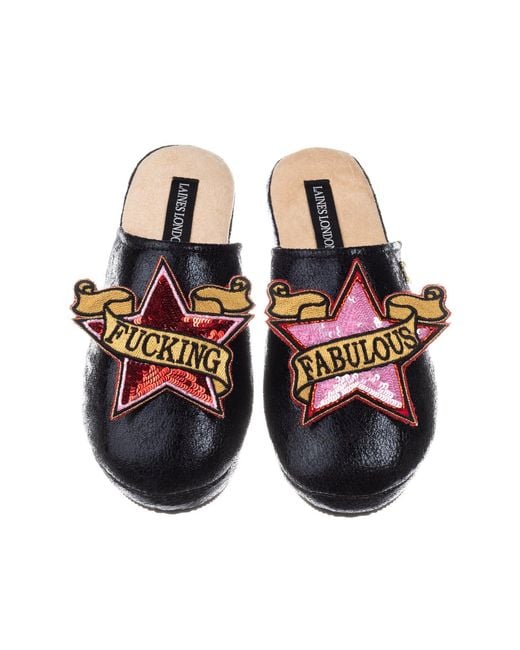 Laines London Black Softie Slippers With & Fucking Fabulous Brooches