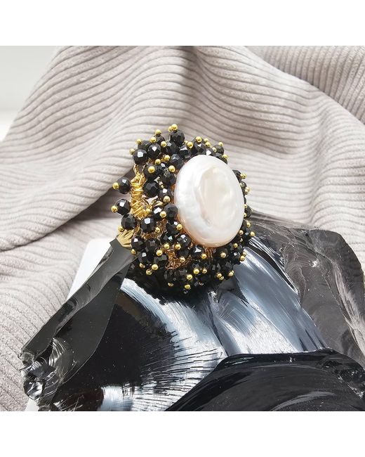Farra Black Romantic Style Freshwater Pearl With Obsidian Cocktail Ring