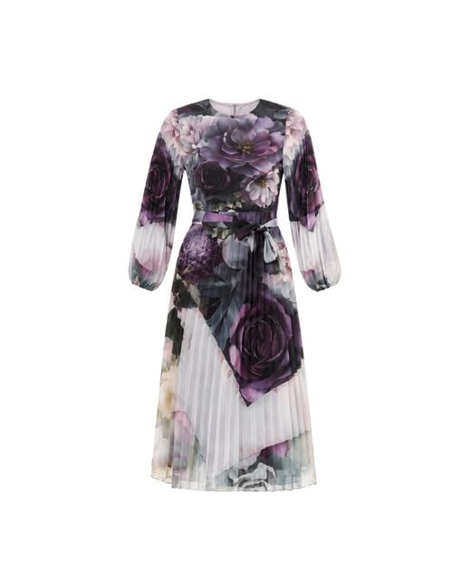 John Abgin Blue Placement Floral Pleated Midi Dress