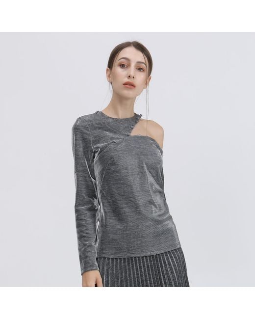 Smart and Joy Gray Asymmetric One Off-Shoulder Shiny Top