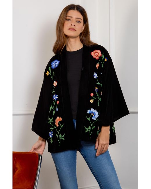 Artemis Muse Black Regal Floral & Bird Embroidery Velvet Luxury Kimono