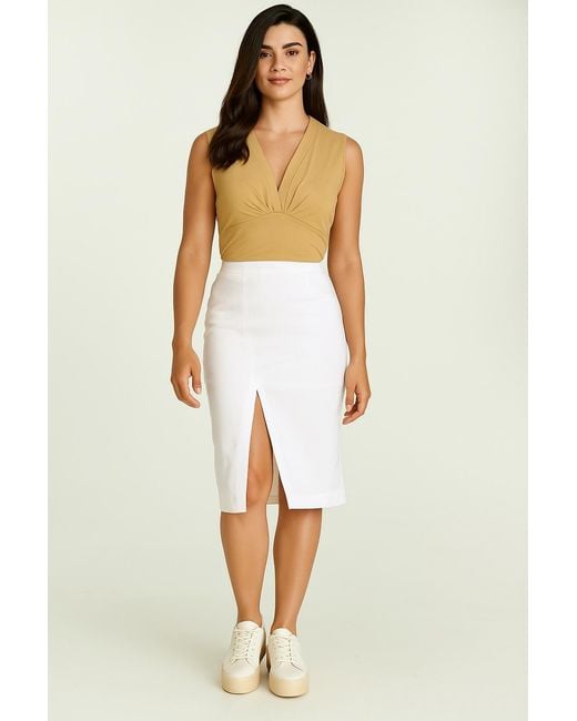 Conquista Yellow Bisuit Sleeveless V-Neck Jersey Top – Stretch Cotton-Blend Fabric