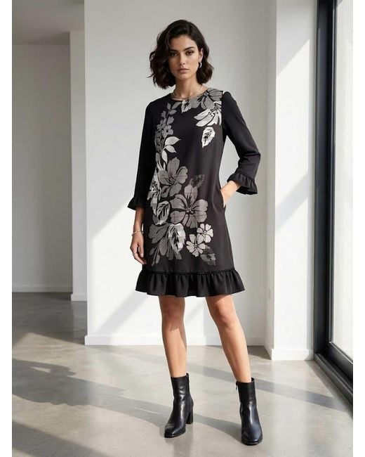 Conquista Black Floral Print Shift Dress With Ruffle Details