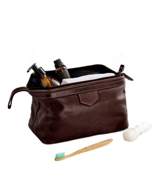 Posh Totty Designs Brown Leather Washbag With Hinged Zip Opening for men