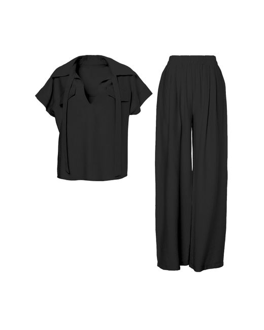 BLUZAT Black Matching Linen Set With Shirt With Pockets And Wide Leg Trousers