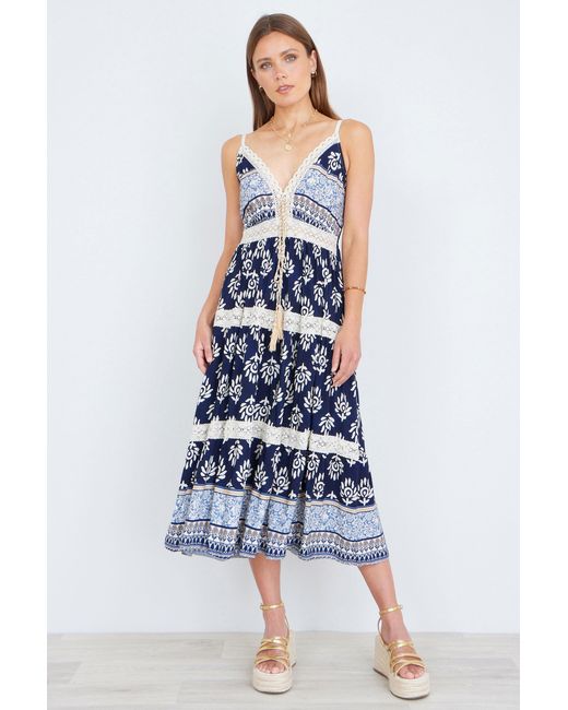 Yumi' Blue Viscose Paisley Print Midi Sun Dress