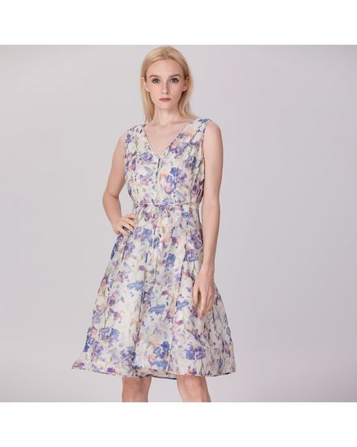 Smart and Joy Multicolor Neutrals Flower Print Sleeveless Tea Organza Dress