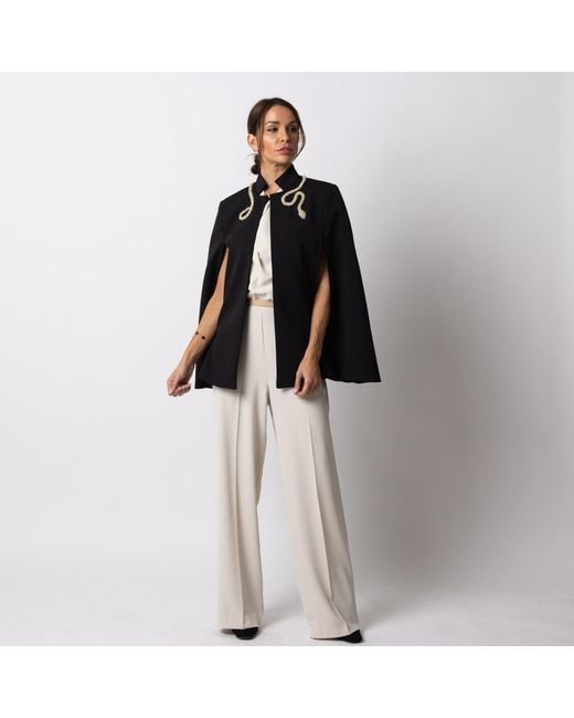 House of Laines London Black Laines Couture Tailored Cape With Embellished Crystal & Pearl Wrap Around Snake