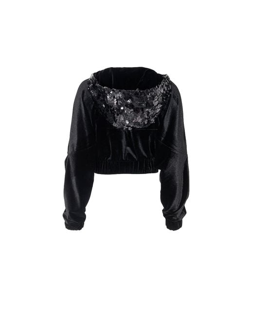 Lita Couture Black Short Hooded Velvet Sweatshirt