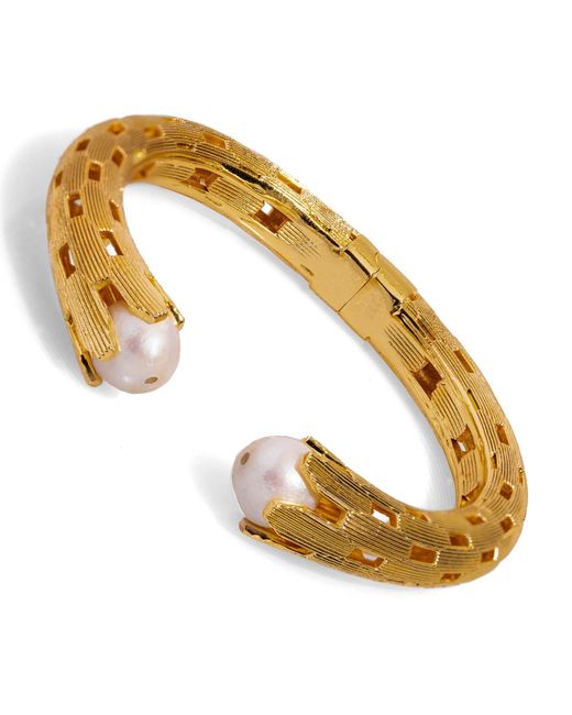 Ebru Jewelry Metallic Cleopatra & Pearl Chunky Cuff Design Bracelet