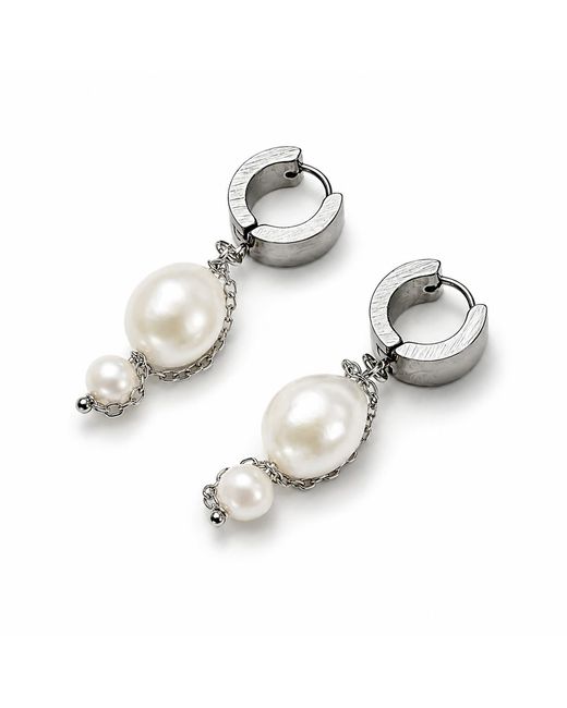 Kirei Metallic Pulse – Stainless Steel Hoop Earrings With Double Freshwater Pearl & Chain