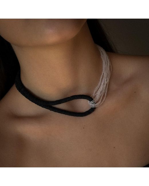 WAIWAI Black Interlock Leather And Glass Bead Necklace