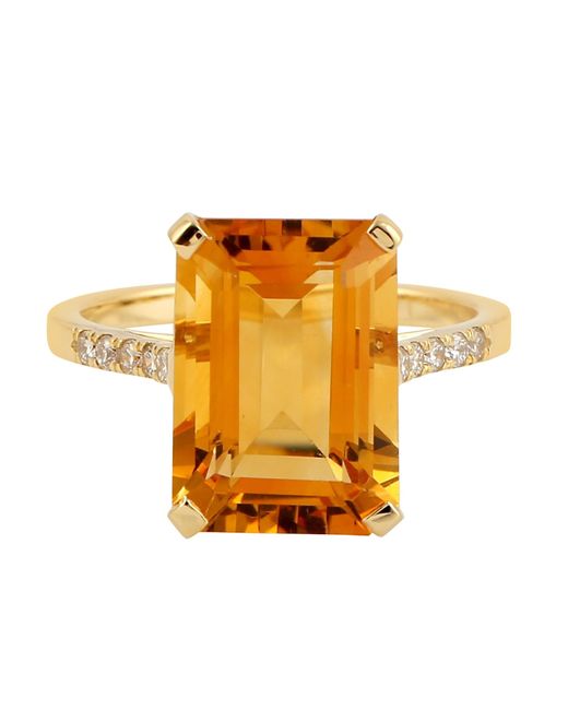 Artisan Orange 18k Yellow Gold With Diamond & Emerald Cut Citrine Cocktail Ring