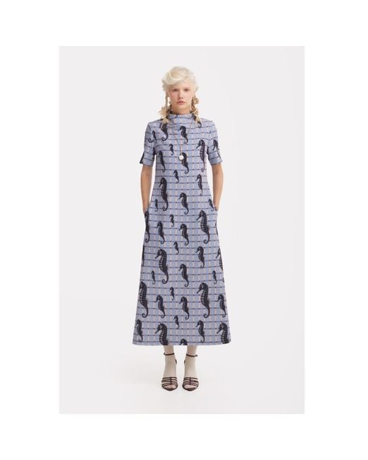 Julia Allert Gray Neutrals Pale Seahorse Grid Print Fluid A-Line Dress – Capsule Edition