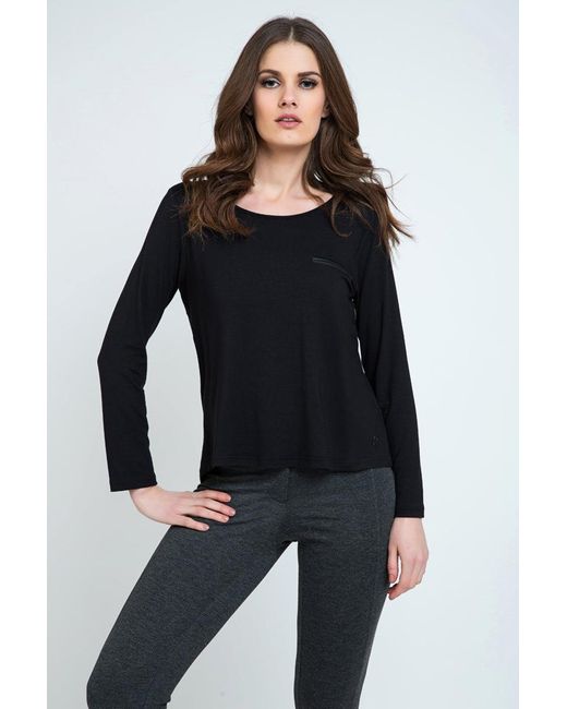 Conquista Black Jersey Pocket Detail Top