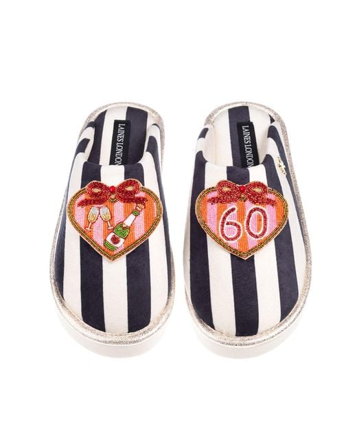 Laines London Red Flatform Stripe Closed Toe Slippers With Stripe Heart 60Th Birthday Brooches
