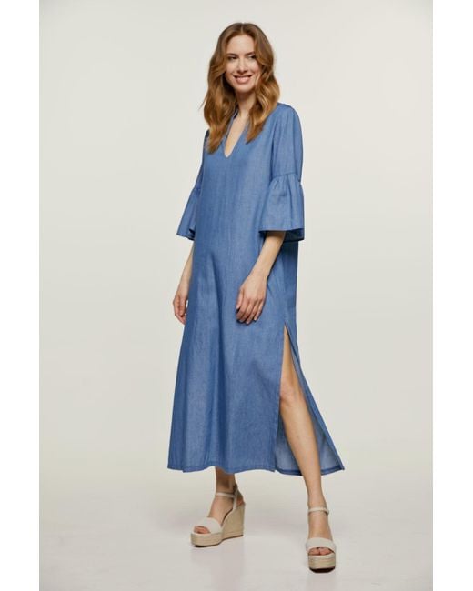 Conquista Blue Denim Style Kaftan With Ruffle Detail